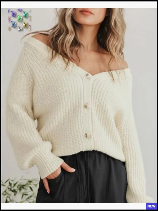 Oversized V-Neck Cardigan Chunky Knit Button Down Long Sleeve Loose Fit - Picture 2 of 7